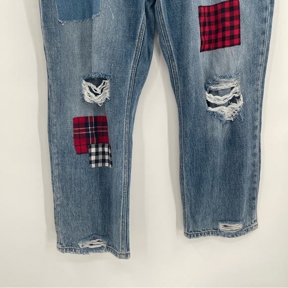 Kancan Women’s NWT No Stretch Plaid Patch Ripped Boyfriend Jeans 32x28 - Picture 6 of 12